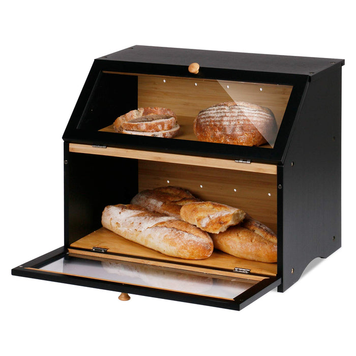 HOMEKOKO Double Layer Large Bread Box for Kitchen Counter, Wooden Large Capacity Bread Storage Bin (Black)