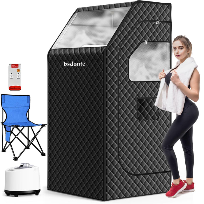 bsdonte Portable Sauna Box for Home, Personal Steam Sauna Tent with Timer, Remote Control, 1000W 2.6L Steamer, Folding Chair, 9 Levels Heating, Indoor Steam Room Full Body, Size 2.6’ x 2.6’ x 5.9’