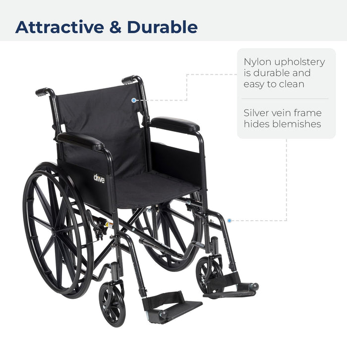 Drive Medical SSP118FA-SF Silver Sport 1 Folding Transport Wheelchair with Full Arms and Removable Swing-Away Footrest, Black