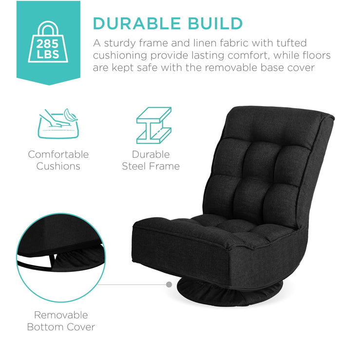 Best Choice Products Reclining Folding Floor Gaming Chair for Home, Office, Lounging, Reading w/ 360-Degree Swivel, 4 Adjustable Positions, Tufted Cushions - Black