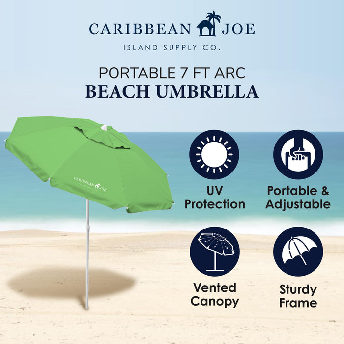 CARIBBEAN JOE Beach Umbrella, Portable and Adjustable Tilt Sun Umbrella with UV Protection, Vented Canopy, Full 7 ft Arc, Green