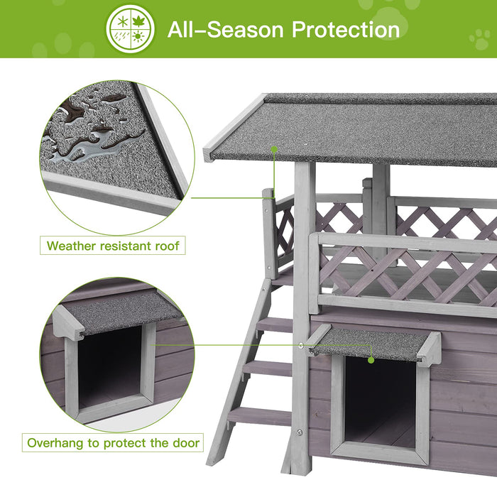 Cat House with Door for Feral Cats, Rainproof Outside Kitty House, 2 Story Wooden Kitten Condo with Stairs (AIR09-BS)