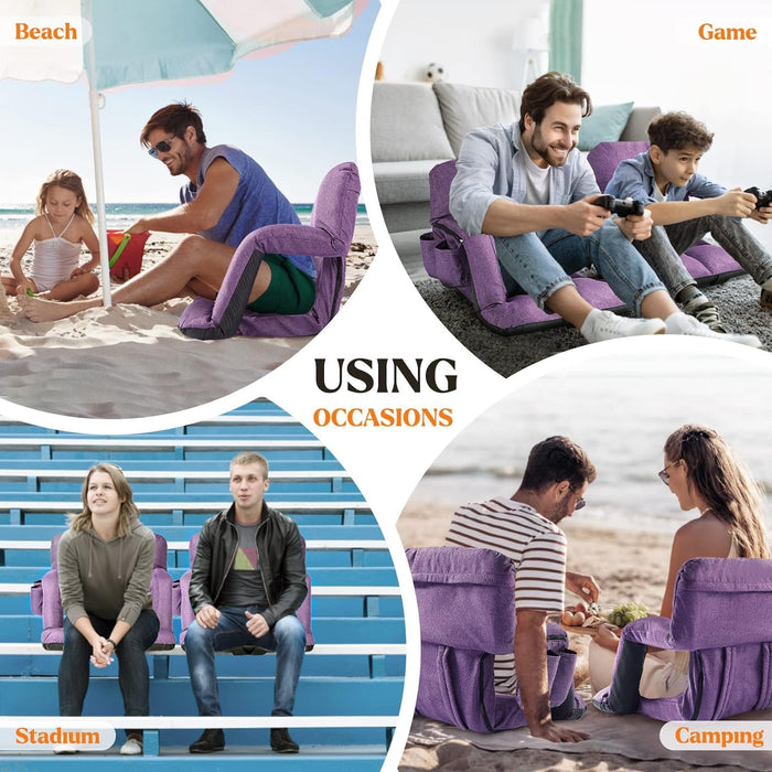 Wide Stadium Seats with Back Support, Bleacher Chairs with Comfy Cushion, 6 Reclining Positions Stadium Chair, Stadium Seat Bleacher Chairs with Armrests for Sport Events, Camping, Beaches(Purple)