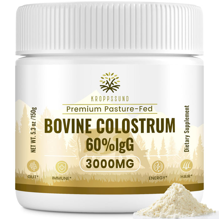 Kroppssund Bovine Colostrum Powder Supplement 3000 mg - Extra High 60% IgG Bovine Colostrum - Gut, Bone, Exercise, Immune - 50 Servings (1 Bottle)