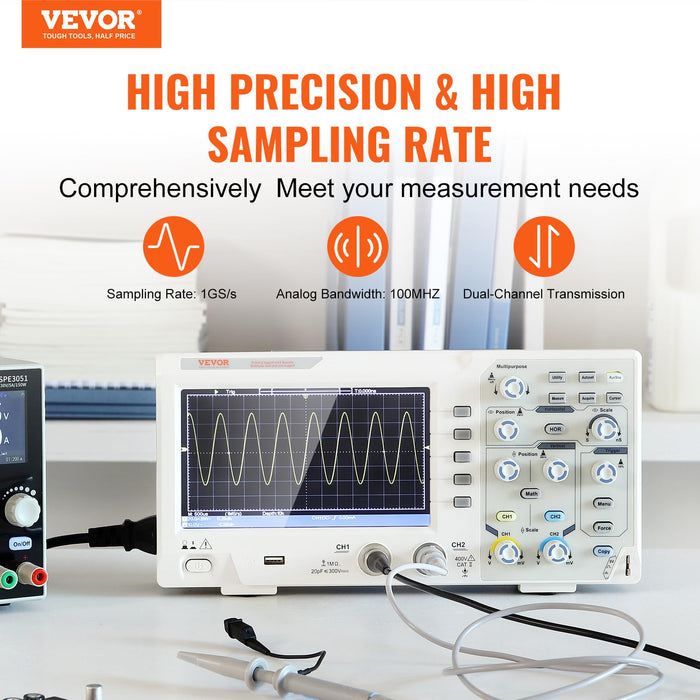 VEVOR Digital Oscilloscope, 1GS/S Sampling Rate, 100MHZ Bandwidth 2 Channels Portable Oscilloscope with 7-inch Color Screen, 30 Automatic Measurement Functions for Electronic Circuit Testing DIY……