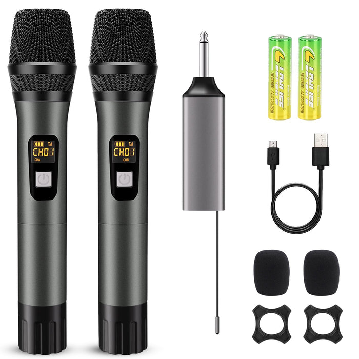 voijump Wireless Microphone, Handheld UHF Dual Metal Cordless Dynamic Mic System with Rechargeable Receiver,200ft Range,for Karaoke, Speech, Party, Wedding, Church,Singing Machine-Auto Connect