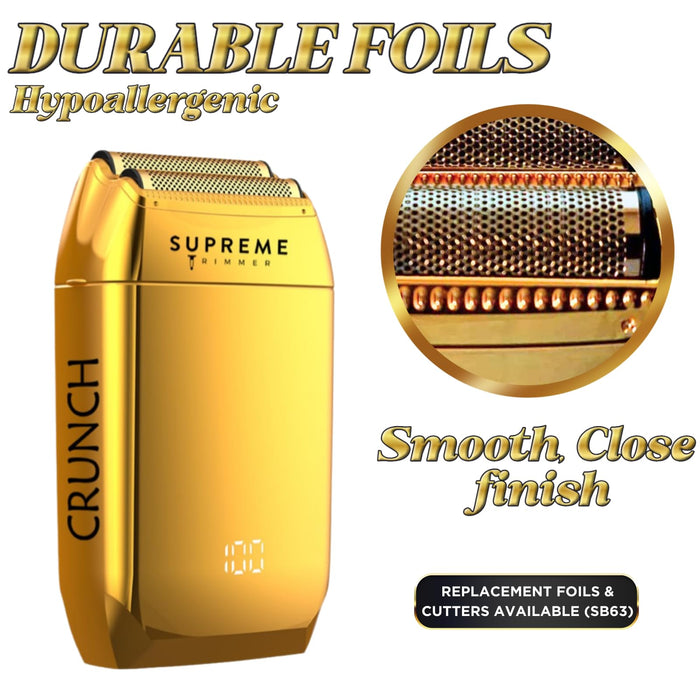 Supreme Trimmer Crunch Mens Foil Shaver STF602 (150 Minute Run Time) Men's Electric Razor | Waterproof Shaver for Short Hair or Stubble, Barber Use | Gold