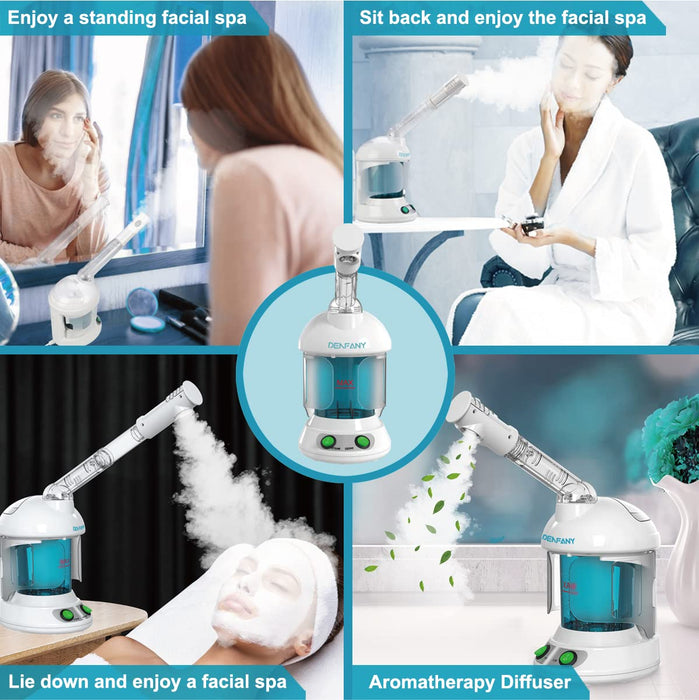 Facial Steamer - DENFANY Nano Ionic Face Steamer with Extendable 360° Rotating Arm - Portable Facial Steamer for Personal Care at Home or Salon (Blue)