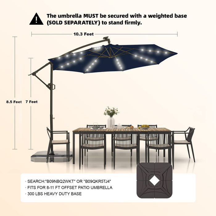 wikiwiki 10ft Solar LED Offset Hanging Market Patio Umbrella for Backyard, Poolside, Lawn and Garden,Easy Tilt Adjustment, Polyester Shade & Cross Base, Navy Blue