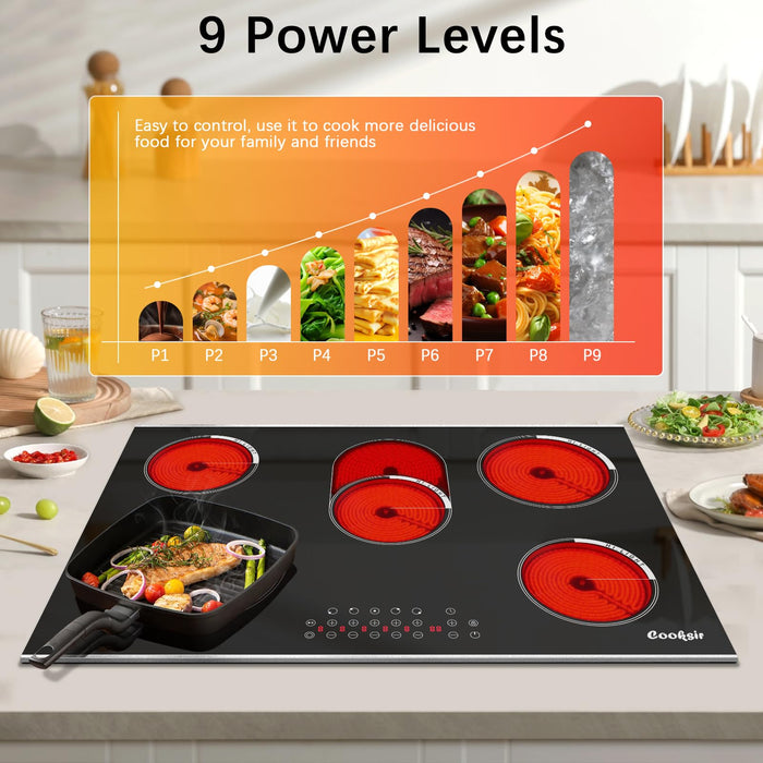 Cooksir Electric Cooktop 30 Inch, 5 Burner Built-in Electric Stove Top with Glass Protection Metal Frame, 8400W Radiant Glass Cooktop, Safety Lock, 99 Min Timer, 220-240V Hard Wired (No Plug)