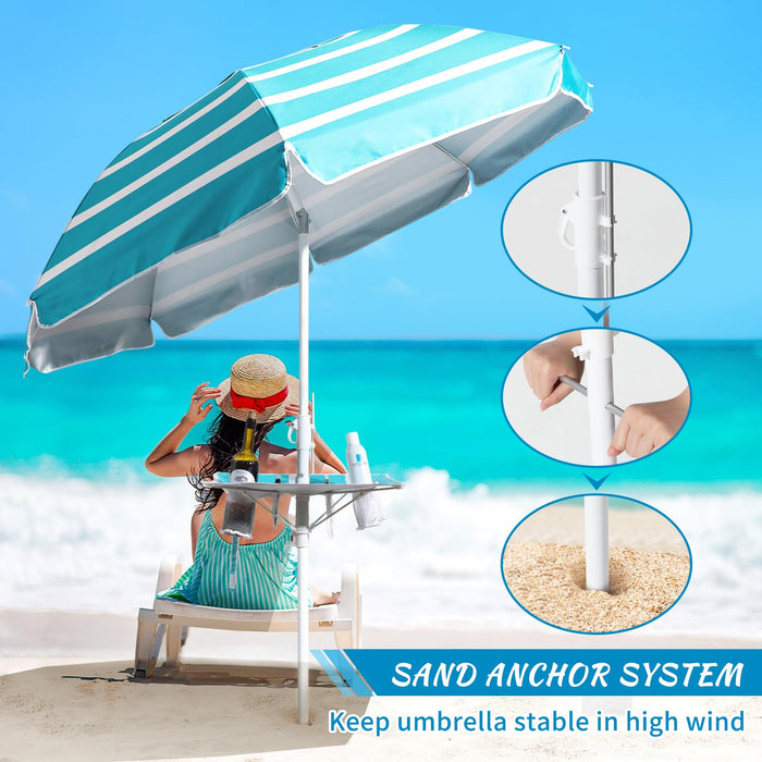 Beach Umbrella - Beach Umbrella for Sand Wind Portable with Tilt Pole, 6.56 FT Arc Length 5.9 FT Diameter, Heavy Duty Wind Resistant Striped Large Umbrellas, UV 50+ Parasol with Anchor Screw Adjustable Height and Foldable Table Board