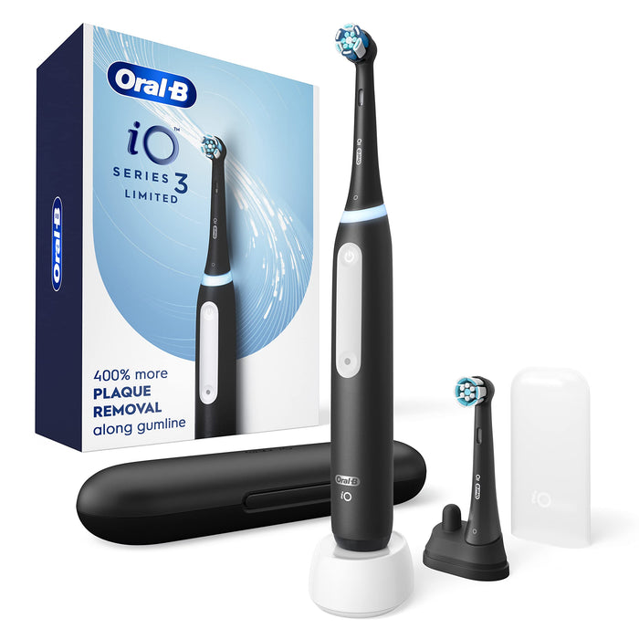 Oral-B iO Deep Clean Rechargeable Electric Powered Toothbrush, Black with 2 Brush Heads, Travel Case, and Holder - Visible Pressure Sensor to Protect Gums - 3 Cleaning Settings - 2 Minute Timer