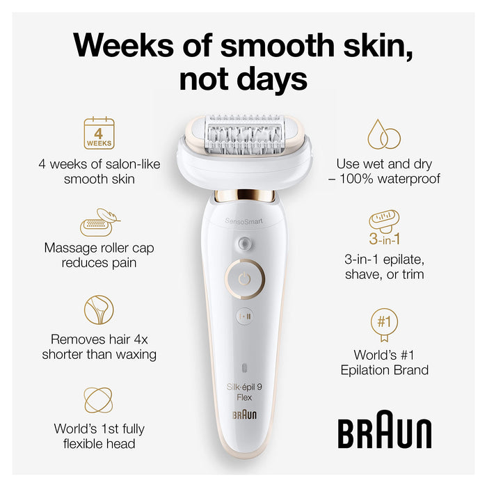 Braun Epilator Silk-épil 9 9-030 with Flexible Head, Facial Hair Removal for Women and Men, Hair Removal Device, Shaver & Trimmer, Cordless, Rechargeable, Wet & Dry, Beauty Kit with Body Massage Pad