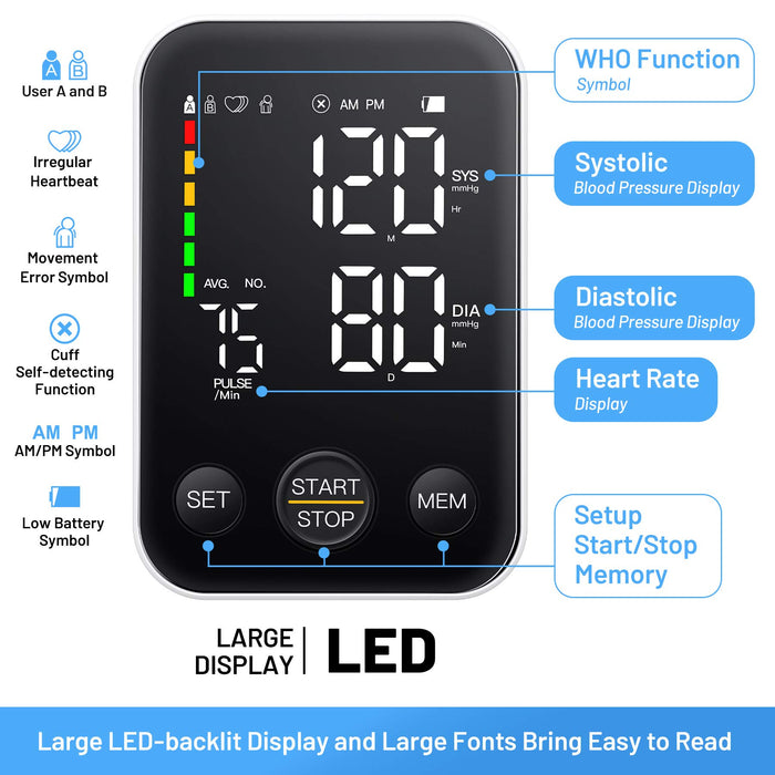 Blood Pressure Monitor Upper Arm Blood Pressure Monitors for Home Use with 2x120 Reading Memory Adjustable Arm Cuff 8.7"-15.7" LED Background Light Large Display Machine with Storage Bag - Black