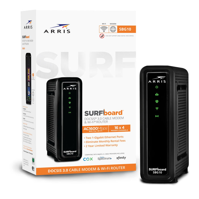 ARRIS SURFboard SBG10 DOCSIS 3.0 16 x 4 Gigabit Cable Modem & AC1600 Wi-Fi Router , Comcast Xfinity, Cox, Spectrum, 400 Mbps Max Internet Speeds