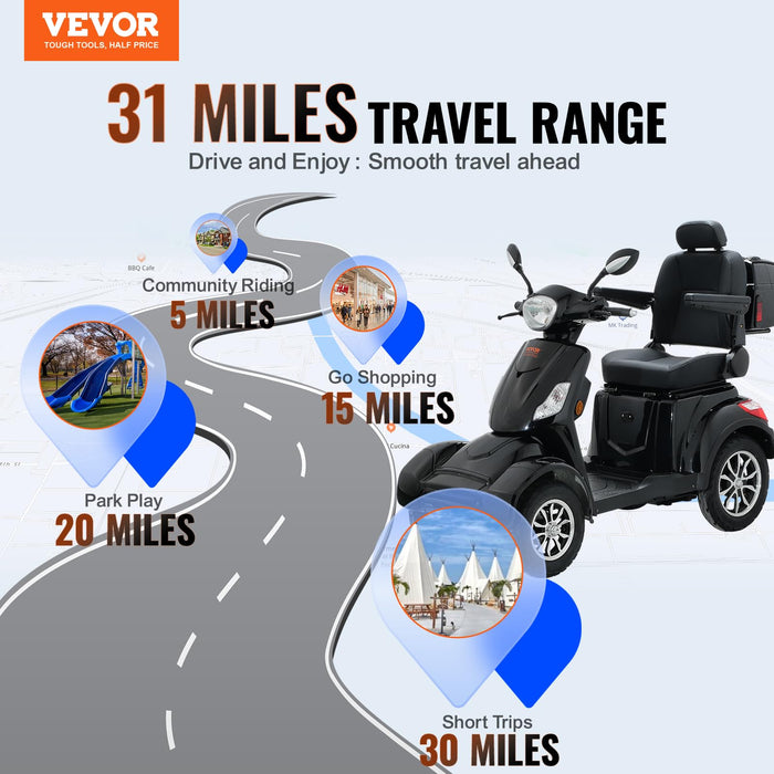 VEVOR Heavy Duty 4-Wheel Mobility Scooters for Seniors & Adults 500lbs Capacity - 31 Miles 3-Speed Long Range, 800W All Terrain Electric Recreational Scooter Wheelchair with 25° Max Climbing Capacity