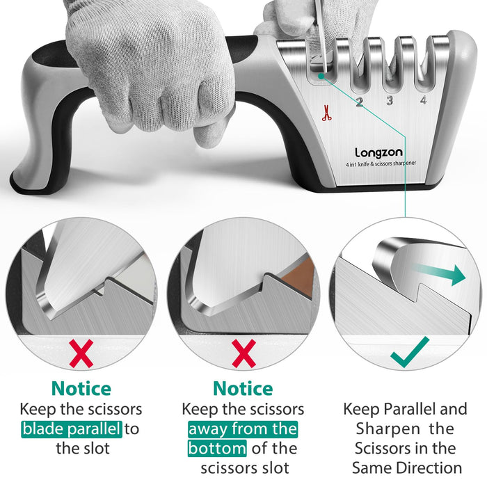 Longzon 4-in-1 Knife Sharpener [4 stage] with a Pair of Cut-Resistant Glove, Original Premium Polish Blades, Best Kitchen Knife Sharpener Really Works for Fruit Knife and Steel Knives, Scissors.