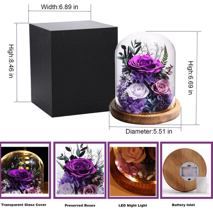 lovenfold Flowers for Delivery Prime Preserved Rose Gifts for Women,Long-Lasting Real Flowers in Glass Dome,Valentine Day Mothers Day Birthday Gifts for Women Mom Friend(Purple Rose)