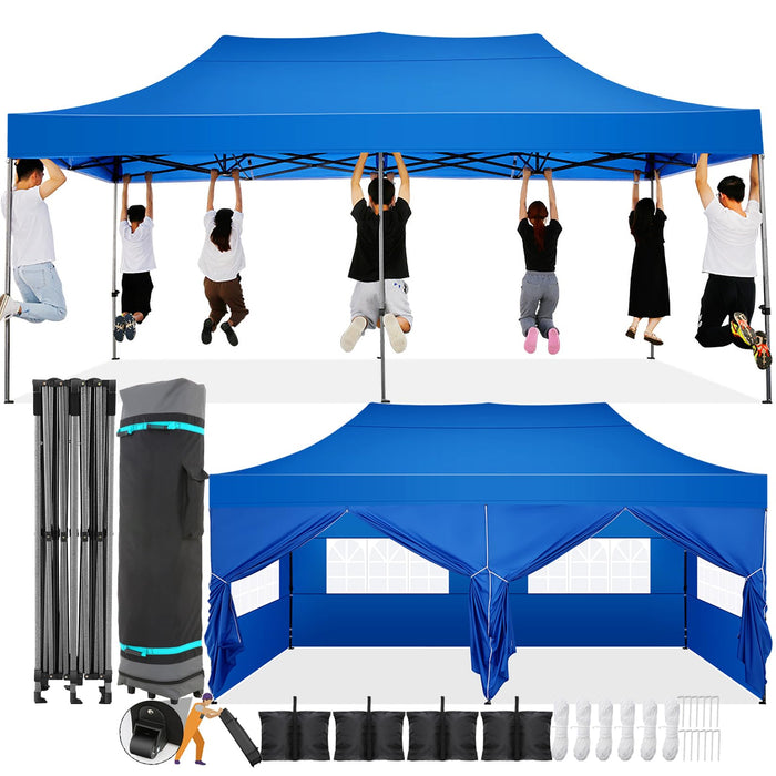 COBIZI 10x20 Pop Up Canopy with 6 Sidewall,Heavy Duty Canopy UPF 50+ All Season Wind Waterproof Commercial Outdoor Wedding Party Tents for Parties Canopy Gazebo with Roller Bag(10 x 20 ft Blue)