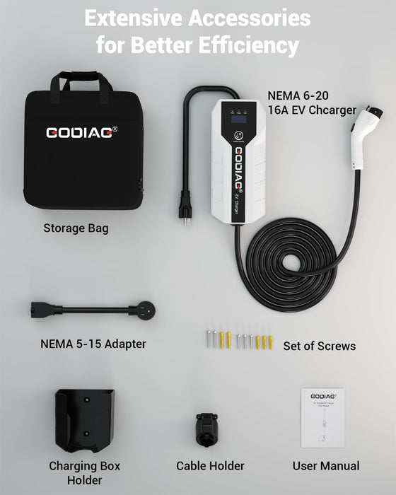 GODIAG Level 1+2 EV Charger - ETL Certified, 110V-240V, 16 Amp, 20ft Cable, Portable Electric Car Charger with NEMA 6-20 & NEMA 5-15 Plug for J1772 EVs and PHEVs