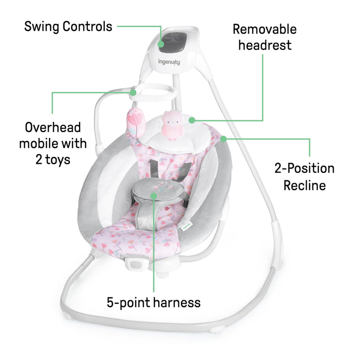 Ingenuity SimpleComfort Lightweight Compact 6-Speed Multi-Direction Baby Swing, Vibrations & Nature Sounds, 0-9 Months 6-20 lbs (Pink Cassidy)