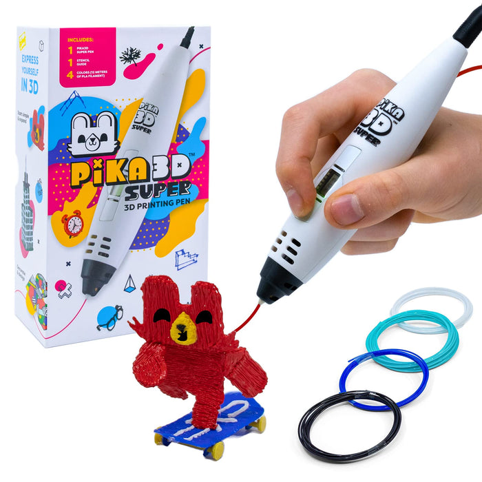 PIKA3D Super 3D Printing Pen - Includes 3D Pen, 4 Colors of PLA Filament Refill with Stencil Guide and User Manual