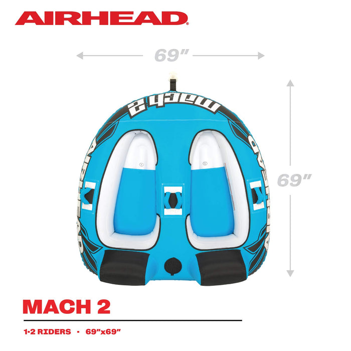 Airhead Mach 2, 1-2 Rider Towable Tube for Boating, 69"L x 69"W, Blue