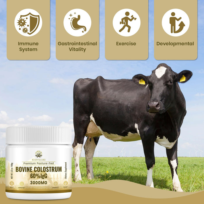 Kroppssund Bovine Colostrum Powder Supplement 3000 mg - Extra High 60% IgG Bovine Colostrum - Gut, Bone, Exercise, Immune - 50 Servings (1 Bottle)