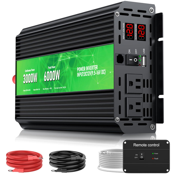 3000W Power Inverter,Peak Power 6000W 12V DC to AC 110V120V,Remote Control with 2AC Outlets and 2.4USB Port,LCD Display for Power Converter,Outdoor Activities,Emergency,Vehicles Truck RV Solar System