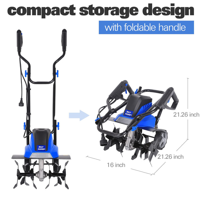 BILT HARD Tiller Cultivator 16 inch, 13.5 Amp 6 Steel Tines Tillers for Gardening Foldable, Electric Garden Rototiller with Adjustable Wheels