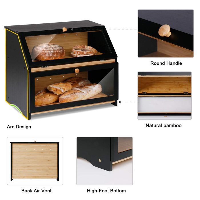 HOMEKOKO Double Layer Large Bread Box for Kitchen Counter, Wooden Large Capacity Bread Storage Bin (Black)