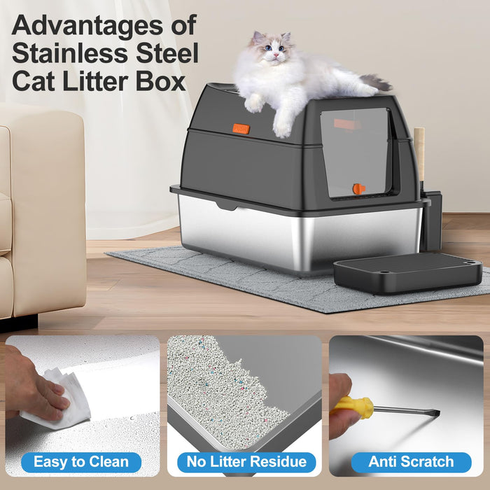 Stainless Steel Cat Litter Box with Lid,Front Entry Top Exit Kitty Litter Box,Extra Large Enclosed Metal Litter Box with Litter Scoop & Litter Mat-Black