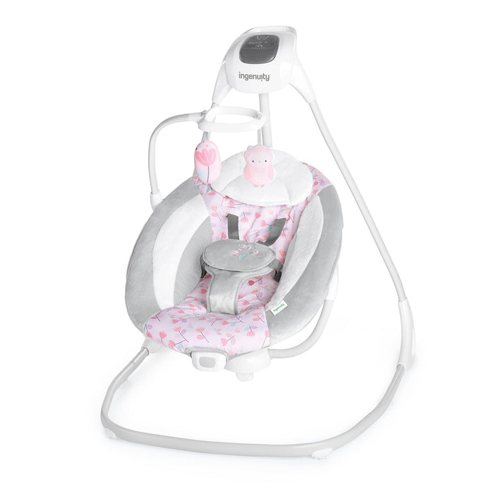 Ingenuity SimpleComfort Lightweight Compact 6-Speed Multi-Direction Baby Swing, Vibrations & Nature Sounds, 0-9 Months 6-20 lbs (Pink Cassidy)