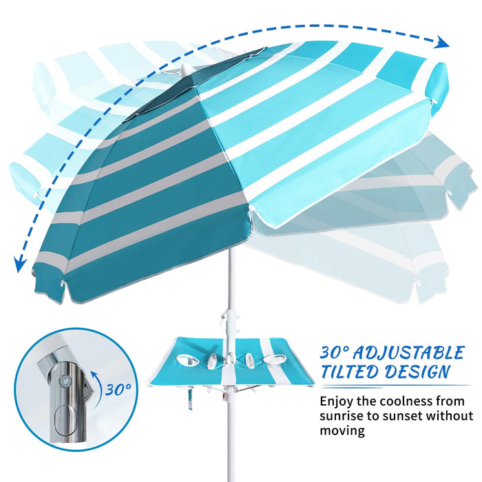 Beach Umbrella - Beach Umbrella for Sand Wind Portable with Tilt Pole, 6.56 FT Arc Length 5.9 FT Diameter, Heavy Duty Wind Resistant Striped Large Umbrellas, UV 50+ Parasol with Anchor Screw Adjustable Height and Foldable Table Board