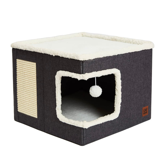 CATBOAT Cat Bed for Indoor Cats Cube House, Covered Cat Cave Beds & Furniture with Scratch Pad and Hideaway Tent, Cute Modern Cat Condo for Multi Small Pet Large Kitten Kitty, Grey