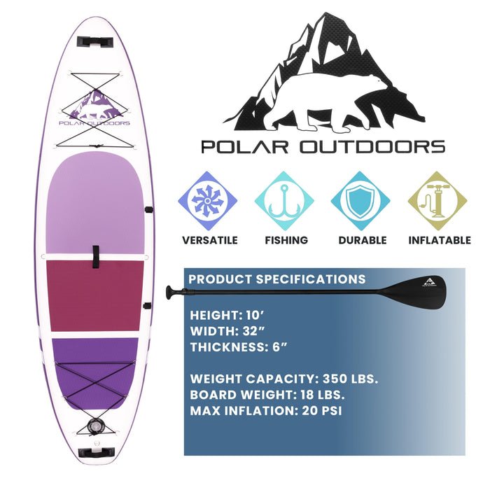 Polar Outdoors by Roc Inflatable Stand Up Paddle Board with Premium SUP Paddle Board Accessories, Wide Stable Design, Non-Slip Comfort Deck for Youth & Adults. (Orchid)