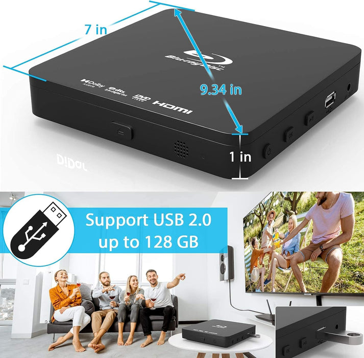 Super Mini Blu-ray HD DVD for TV, 1080P Blue-ray Home Theater, Portable with Remote Control + HDMI AV Cable + Built-in PAL/NTSC, Support USB Input