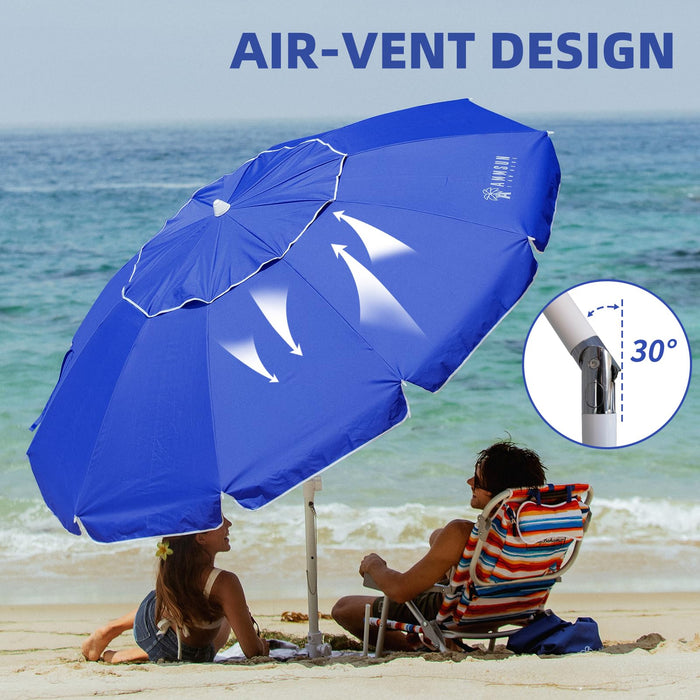 AMMSUN 8 Feet Large Beach Umbrella with Sand Anchor Heavy Duty High Wind Portable Outdoor Umbrellas UV 50+ Protection Air Vent Tilt Patio Garden Pool Blue