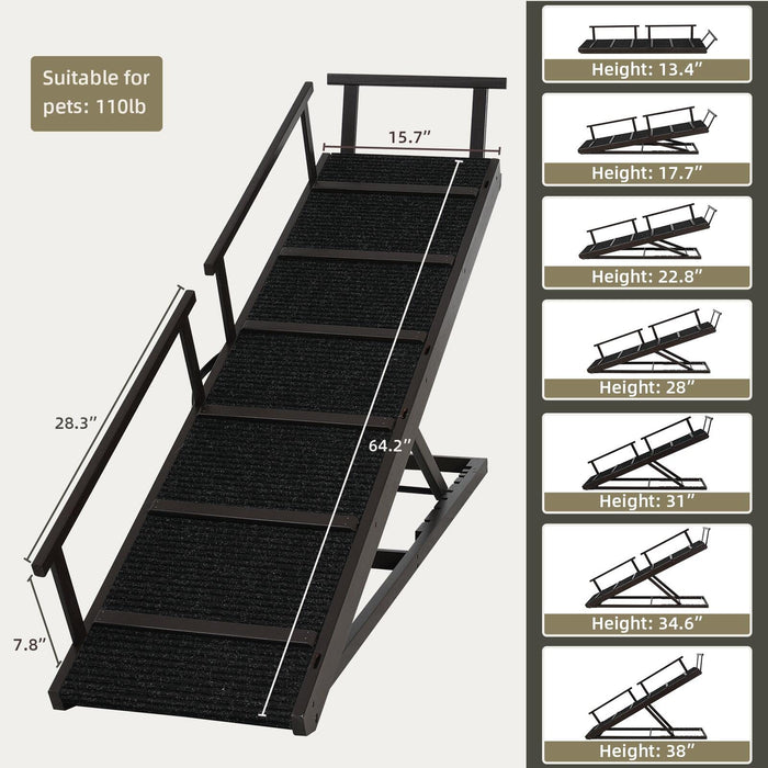 PANTAZO Pet Ramp Folding Portable Wooden Dog & Cat Ramp for Couch or Bed, Including Non Slip Mat & Safety Side Rails, 64.2 Inch Long and Height Adjustable from 13.4 Inch to 38 Inch Up to 110 Lbs