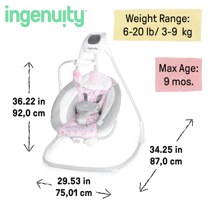 Ingenuity SimpleComfort Lightweight Compact 6-Speed Multi-Direction Baby Swing, Vibrations & Nature Sounds, 0-9 Months 6-20 lbs (Pink Cassidy)