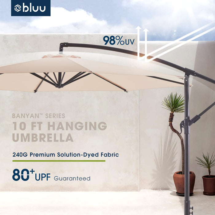 WUFF Bluu 10ft Patio Offset Umbrella Cantilever Umbrella Hanging Market Umbrella Outdoor Umbrellas with Crank & Cross Bases(Beige)