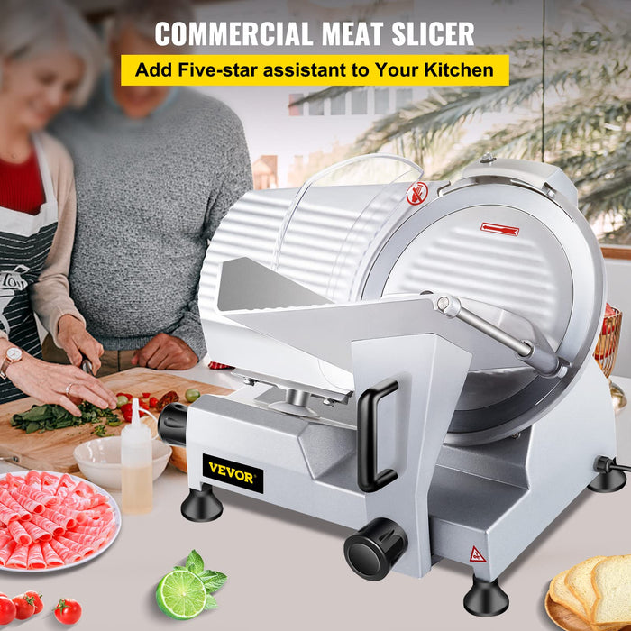 VEVOR Commercial Meat Slicer, 10 inch Electric Food Slicer, 240W Frozen Meat Deli Slicer, Premium Chromium-plated Steel Blade Semi-Auto Meat Slicer For Commercial and Home use (10IN-240W)