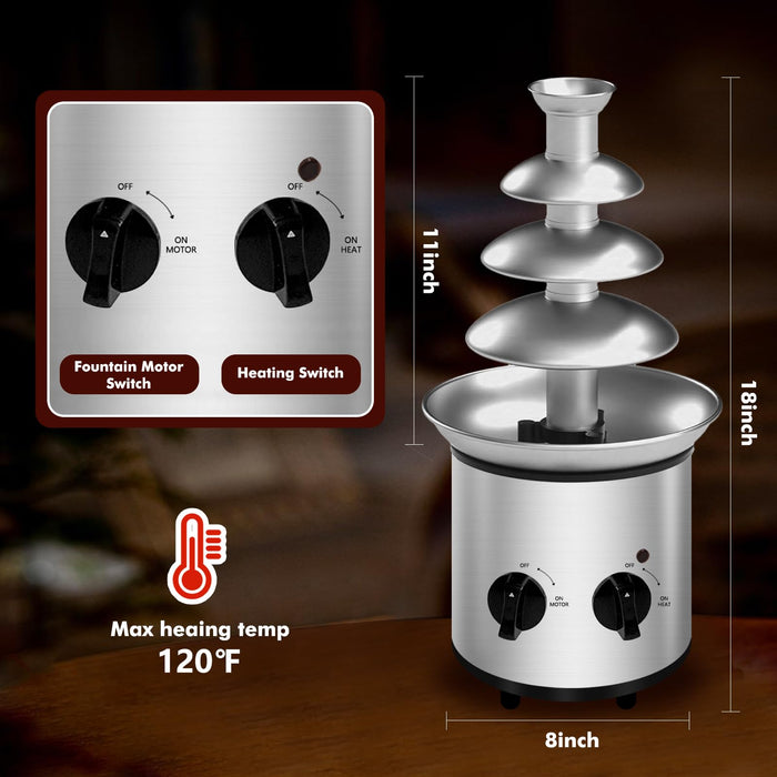 Electric Chocolate Fondue Fountain Machine Stainless Steel 4-Pound Capacity for Chocolate Candy Butter Cheese (4-Tier)