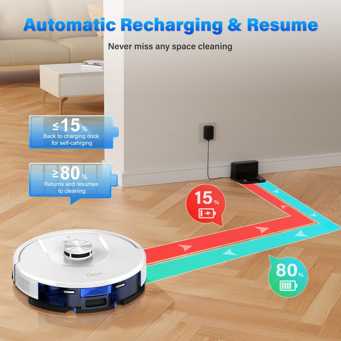 Tikom Robot Vacuum and Mop, L8000 Laser LiDAR Navigation Robotic Vacuum, 150Mins Max, 45dB, 14 No-Go Zones, 20 Virtual Walls, Self-Charging, Good for Pet Hair, Carpet, Hard Floor, White