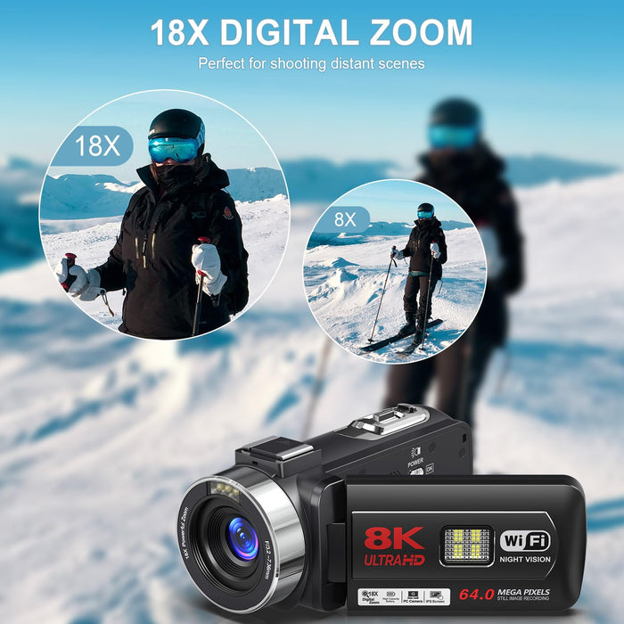 8K 64MP Camcorder Video Camera 18X Digital Zoom YouTube Vlogging Camera Webcam IR Night Vision WiFi 3.0”Touch Screen Camcorders with Microphone, 32G SD Card, Remote Control and 2 Batteries