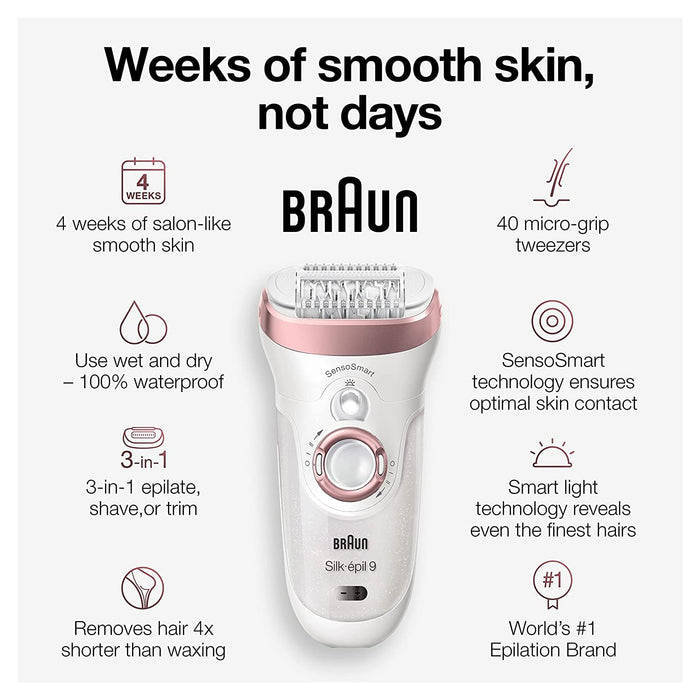 Braun Silk-épil 9 9-890, Facial Hair Removal for Women, Hair Removal Device, Bikini Trimmer, Womens Shaver Wet & Dry, Cordless and 7 extras