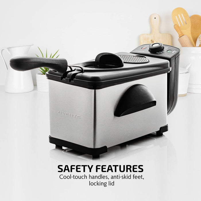 OVENTE Electric Deep Fryer 2 Liter Capacity, 1500 Watt Lid with Viewing Window and Odor Filter, Adjustable Temperature, Removable Frying Basket and Easy to Clean Stainless Steel Body, Silver FDM2201BR