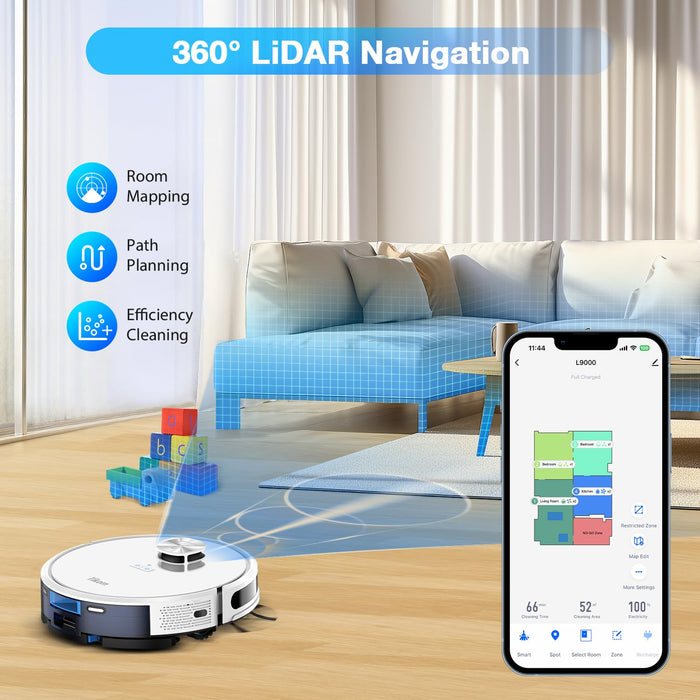 Tikom Robot Vacuum and Mop Combo, LiDAR Navigation, L9000 Robotic Vacuum Cleaner, 4000Pa Suction, 150Mins Max, Smart Mapping, 14 No-go Zones, Good for Pet Hair, Carpet, Hard Floor, White