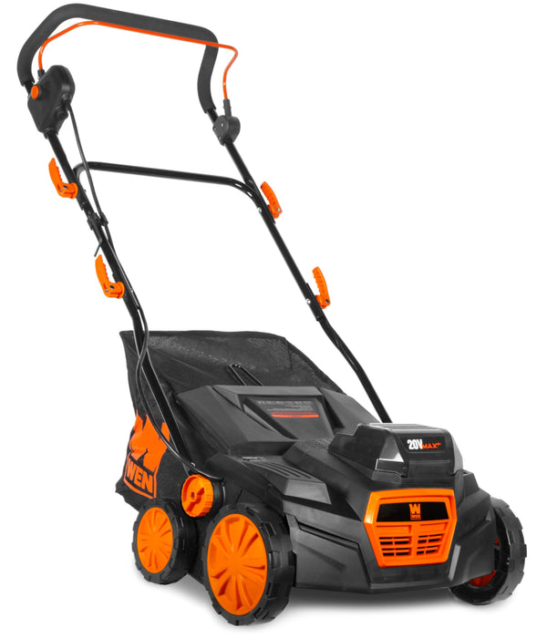 WEN 20V Max Cordless 15-Inch 2-in-1 Brushless Electric Dethatcher and Scarifier with Collection Bag, Two 4.0 Ah Batteries, and Dual-Port Charger (20716)