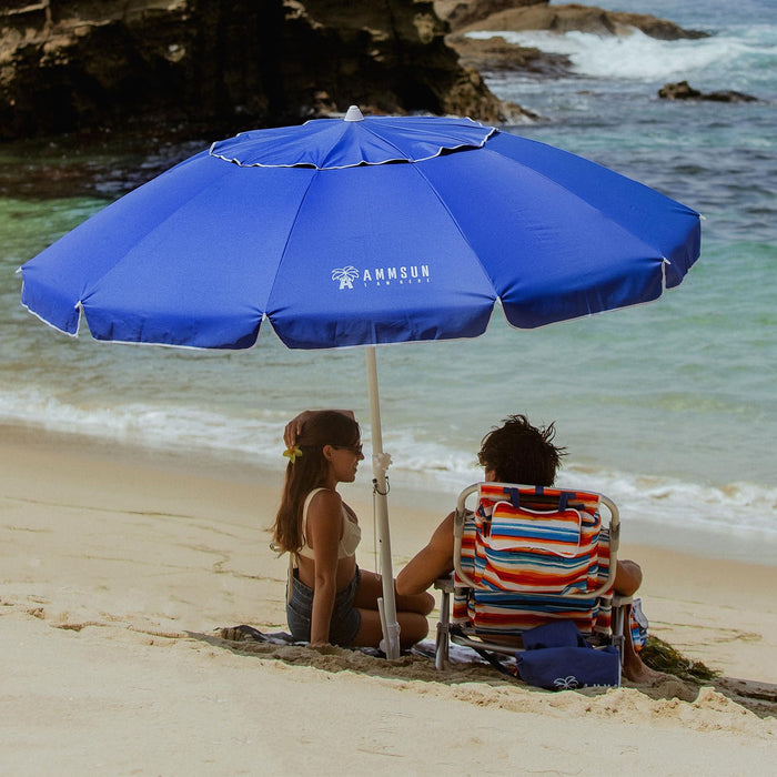 AMMSUN 8 Feet Large Beach Umbrella with Sand Anchor Heavy Duty High Wind Portable Outdoor Umbrellas UV 50+ Protection Air Vent Tilt Patio Garden Pool Blue